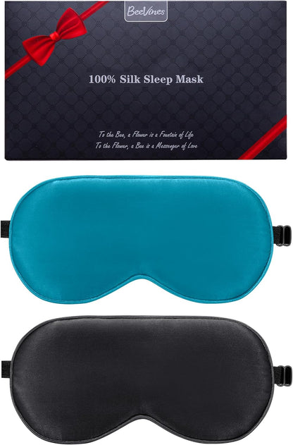 BeeVines 100% Real Mulberry Silk 2 Pack Sleep Mask, Natural Pure Silk Eye Masks with Adjustable Strap for Sleeping, Block Light Eye Sleep Shade Cover, Reduces Puffy Eyes Traveling Gifts
