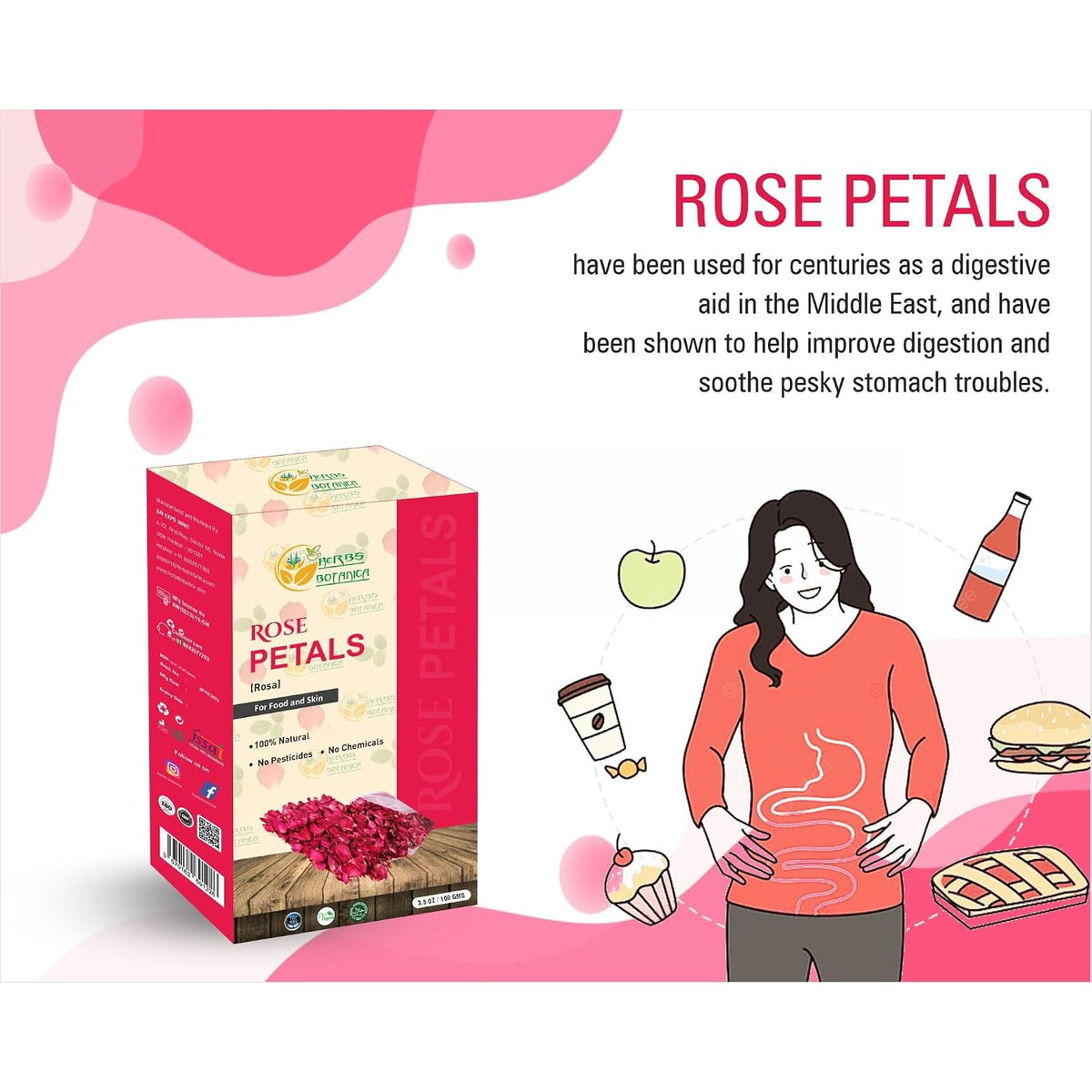 Herbs Botanica Dried Rose Petals Edible Perfect for Tea, Potpourri, Bath Bombs, Beauty Products, Resealable Bag for Freshness and Longevity Non-Toxic, Chemical-Free, 100% Non GMO 3.6 oz