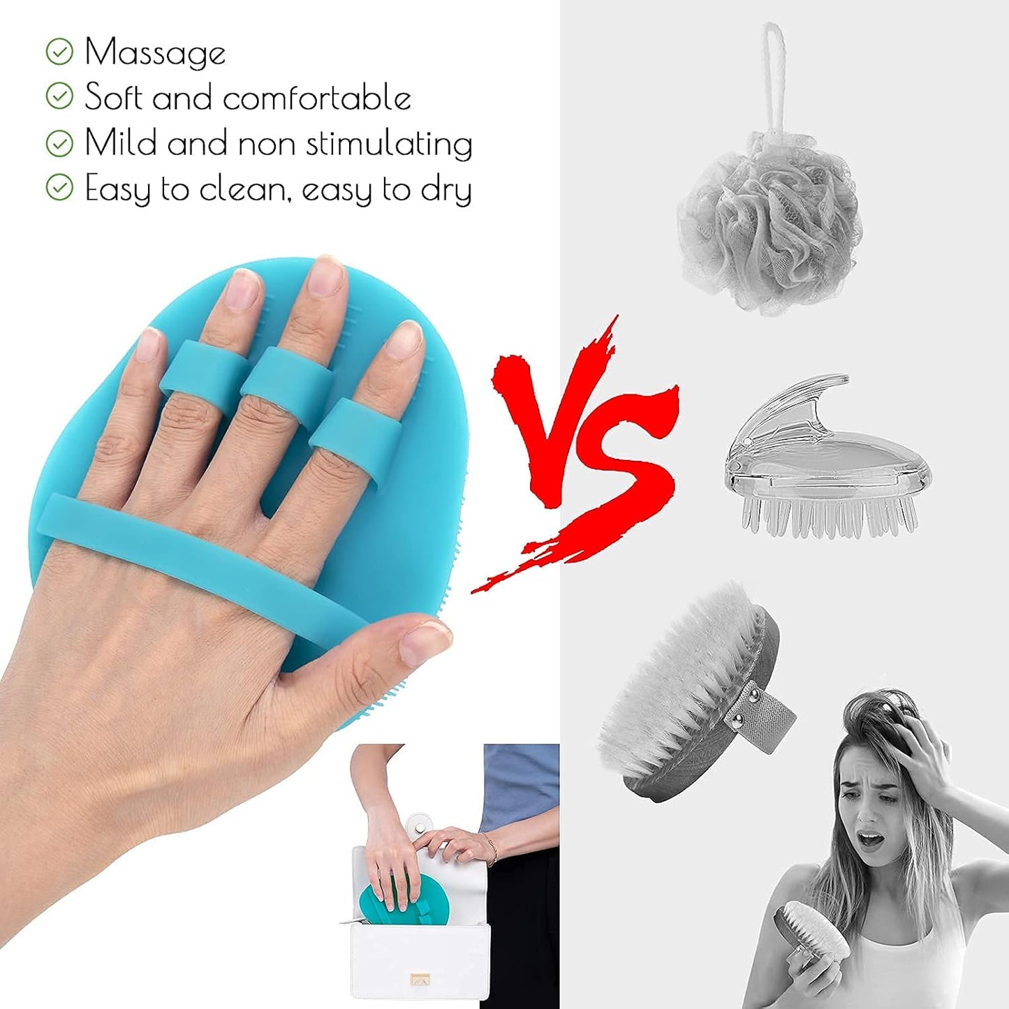 2 Pack Soft Silicone Shower Brush, Body & Face & Short Hair Wash, Bath Exfoliating Skin Massage Scrubber, Dry Skin Brushing Glove Loofah, Fit for Sensitive and All Kinds of Skin (PeonyPink+Green)