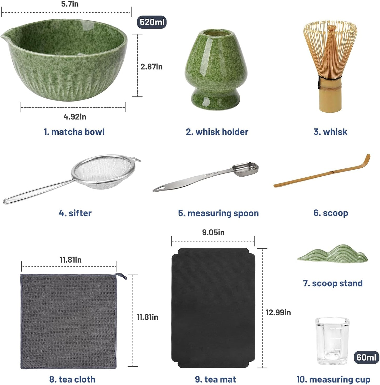 Joiish Matcha Whisk Set, Matcha Kit 10-Pcs, Bamboo Whisk and Ceramic Bowl with Spout & Measuring Spoon & Cup, Japanese Ceremony Matcha Tea Powder Making Tools, Light Green