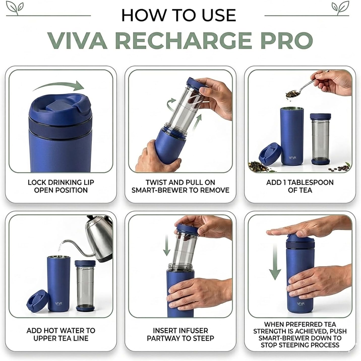VIVA Recharge Tea Infuser Bottle, 16 oz Insulated Stainless Steel Travel Tea Tumbler with Infuser for Loose Leaf, Hot & Cold Tea & Coffee, Patented Steep Control, Leak-Resistant Lid - Mustard