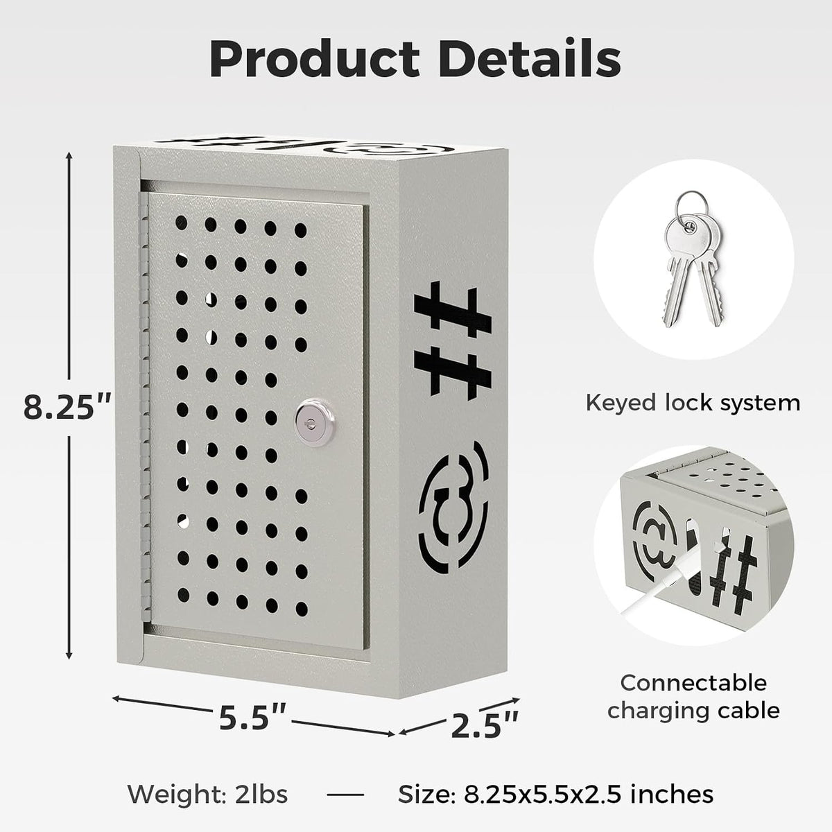 OSKIE Lockable Phone Downtime Box with Key, Metal Smartphone Storage Locker, Secure Phone Holder with Ventilation, Wall Mount or Desktop Organizer for Home, Office, Classroom (Gray White)