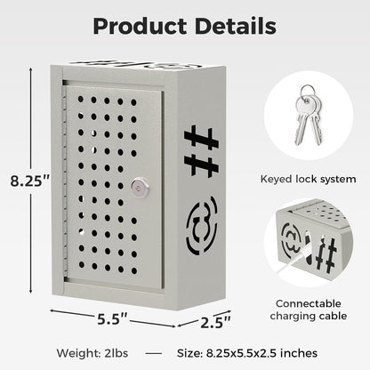 OSKIE Lockable Phone Downtime Box with Key, Metal Smartphone Storage Locker, Secure Phone Holder with Ventilation, Wall Mount or Desktop Organizer for Home, Office, Classroom (Gray White)