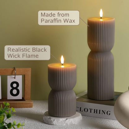 White Ribbed Flameless Pillar Candles with Remote, Real Wax Flickering Battery LED Candles Set of 2