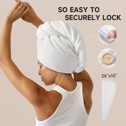 Umisleep 2 Pack Microfiber Hair Towel Wrap for Women, 400 GSM Thick & Soft Hair Drying Towels, Super Absorbent Hair Turban with Button Loop for Curly, Wavy & Wet Hair (Grey, White)