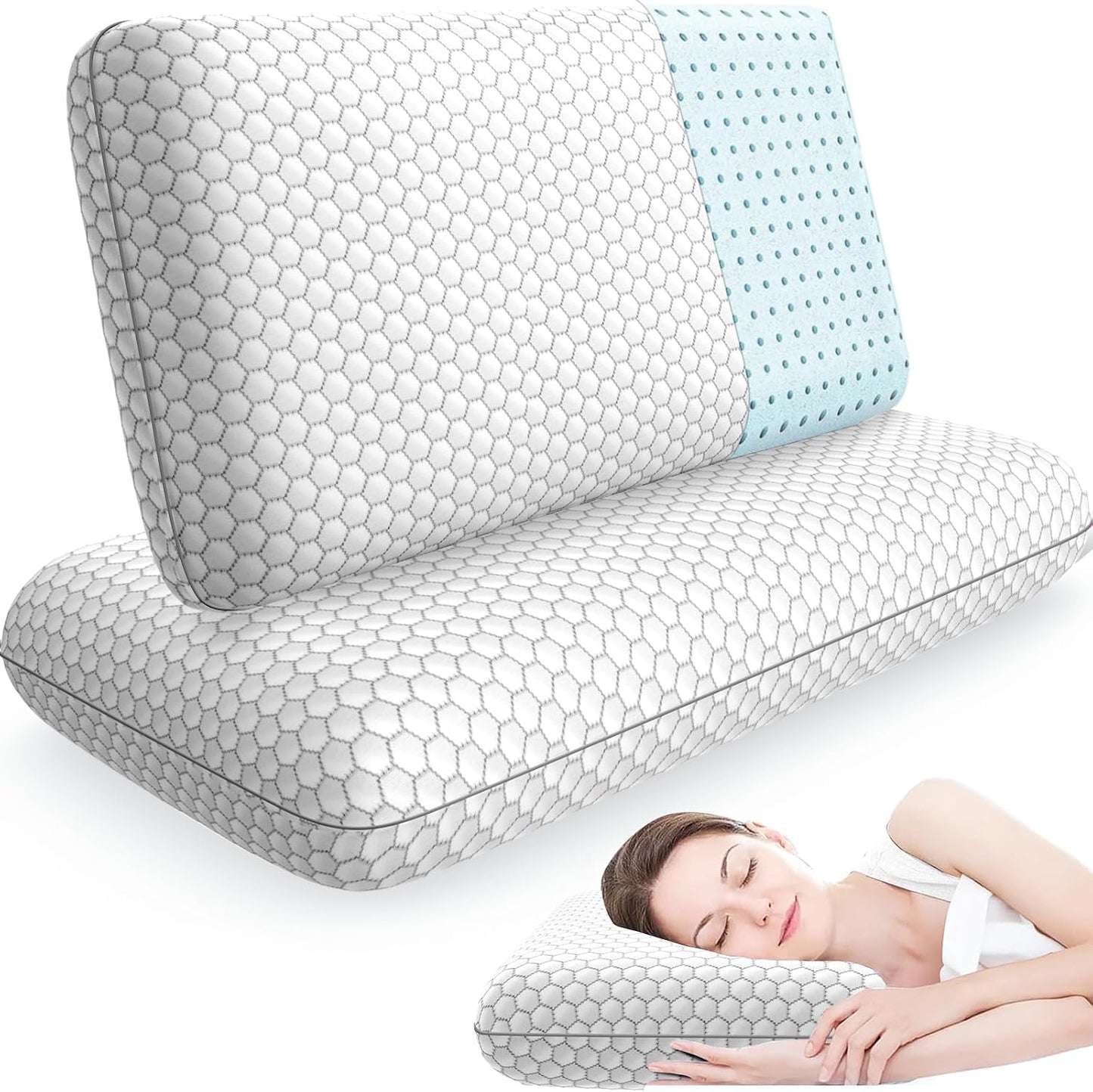 CushyOasis Memory Foam Pillows for Side, Back and Stomach Sleepers, Set of 2, Bed Pillow with Washable Cover and Breathable Mesh, Bed Pillow for Sleeping (Blue，Standard Size)