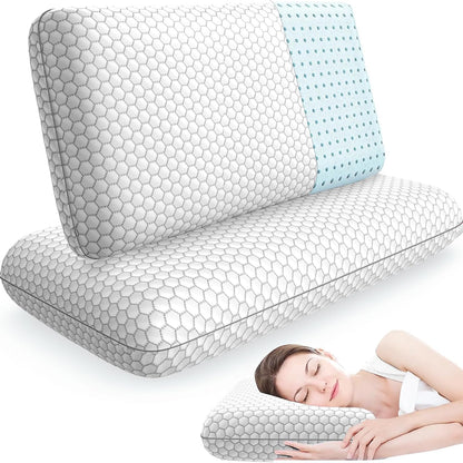 CushyOasis Memory Foam Pillows for Side, Back and Stomach Sleepers, Set of 2, Bed Pillow with Washable Cover and Breathable Mesh, Bed Pillow for Sleeping (Blue，Standard Size)