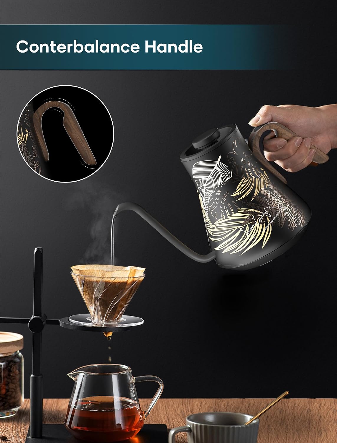 INTASTING Electric Kettle, Gooseneck Electric Kettle, ±1℉ Precise Temperature Control, Stainless Steel Interior, Quick Heating for Pour Over Coffee, Tea & Boiling Water, 0.9L (Black)
