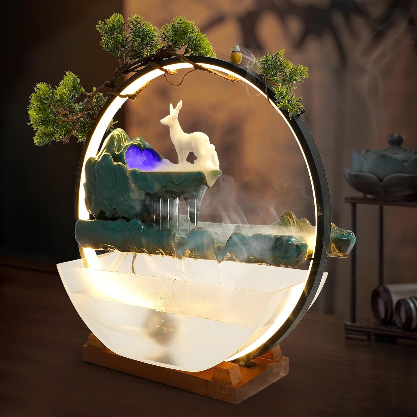 Mini Artificial Bonsai Tree Waterfall Fog Feature Rock Tabletop Fountain | 11in Desktop Decor Waterfall Fountain W/ Water Pump& Atomizer&LED Lights &Fake Tree Office Bedroom Relax