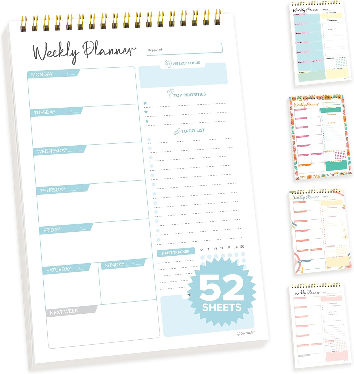 Decorably 52 Sheets Blue Undated Weekly Planner Notepad - 6.5x10in Spring-Bound, Easy Tear-Off Design, with Focus, Priorities, to-do List, Habit Tracker & Notes - Home, School, Office