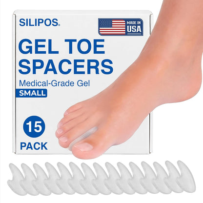 Silipos Gel Toe Separators for Bunions & Foot Relief - 15 Pack - Reusable