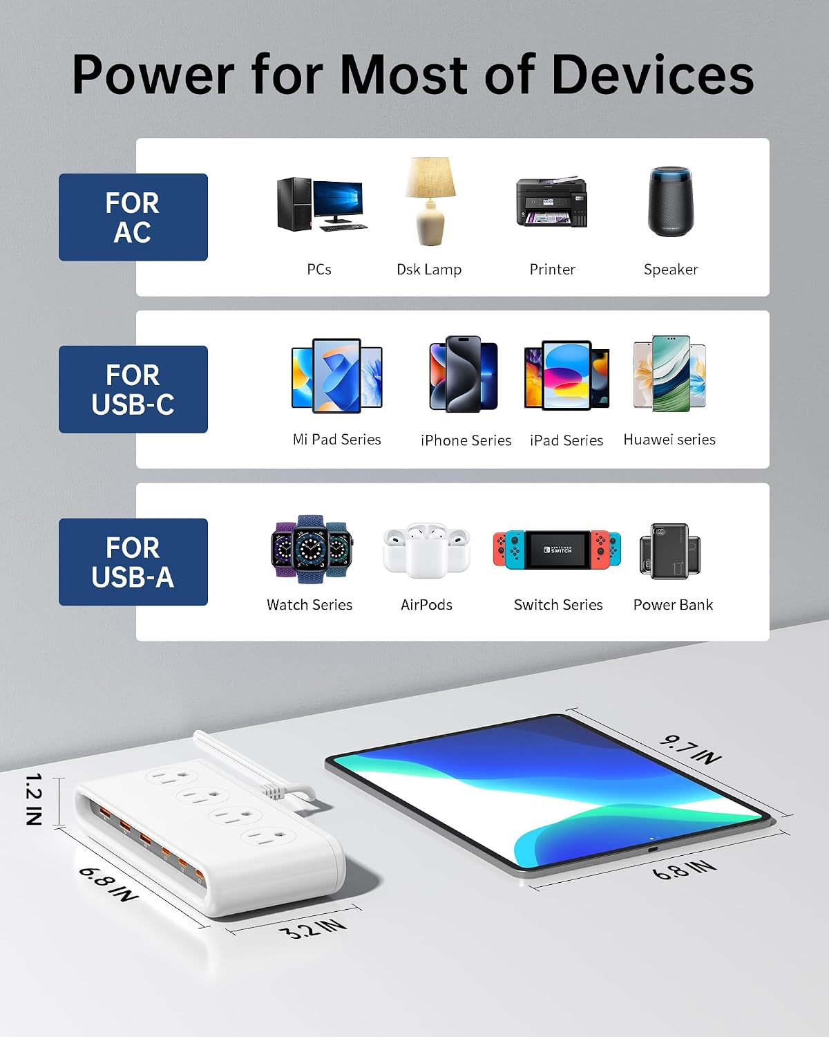 10-in-1 Power Strip with USB C Ports, 35W USB, 4 AC & 6 USB Ports