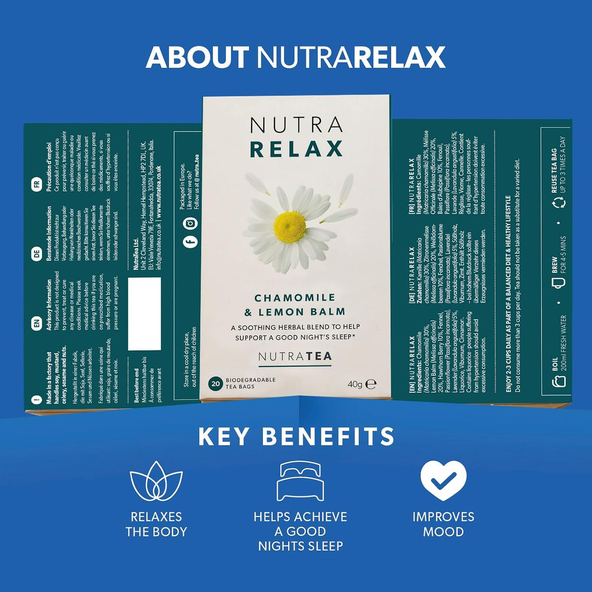 NUTRARELAX - Sleep and Calming Tea – Helps with Relaxation and Sleep – Includes Chamomile, Lemon Balm and Passionflower - 20 Enveloped Tea Bags - by Nutra Tea - Herbal Tea
