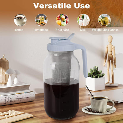 Cold Brew Coffee Maker,64 oz Mason Jar Pitcher with Stainless Steel Filter, Pour Spout Handle Lid, Heavy Duty Glass Airtight & Leak-Proof for Iced Coffee,Tea & Lemonade