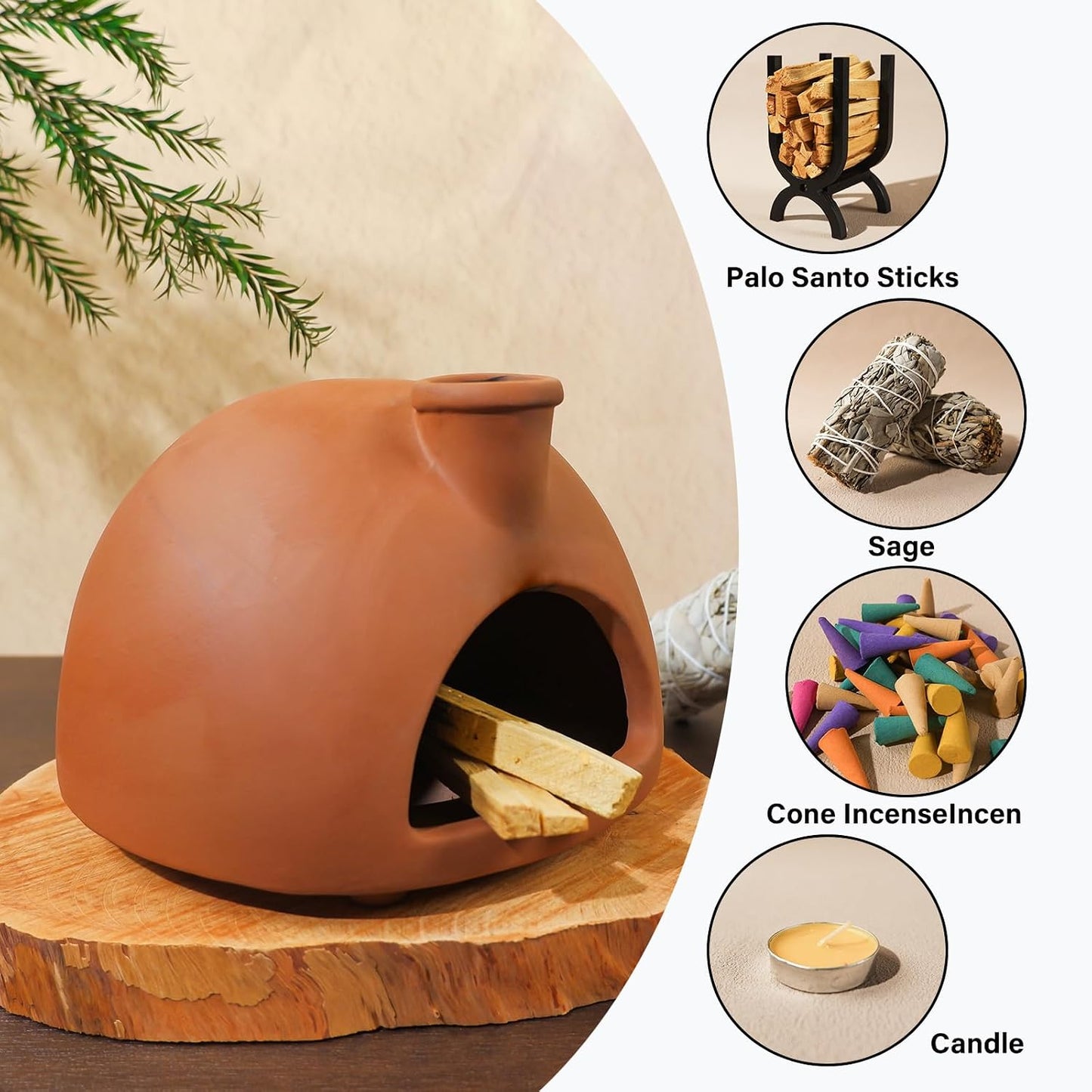 MOUGIGI Terracotta Palo Santo Holder - Modern Chiminea Incense Burner for Yoga, Meditation, and Energy Cleansing - Wood Sticks Dish, Sage Ash Catcher, Smudge Bowl, Cone Burner - Unique Meditation Gift