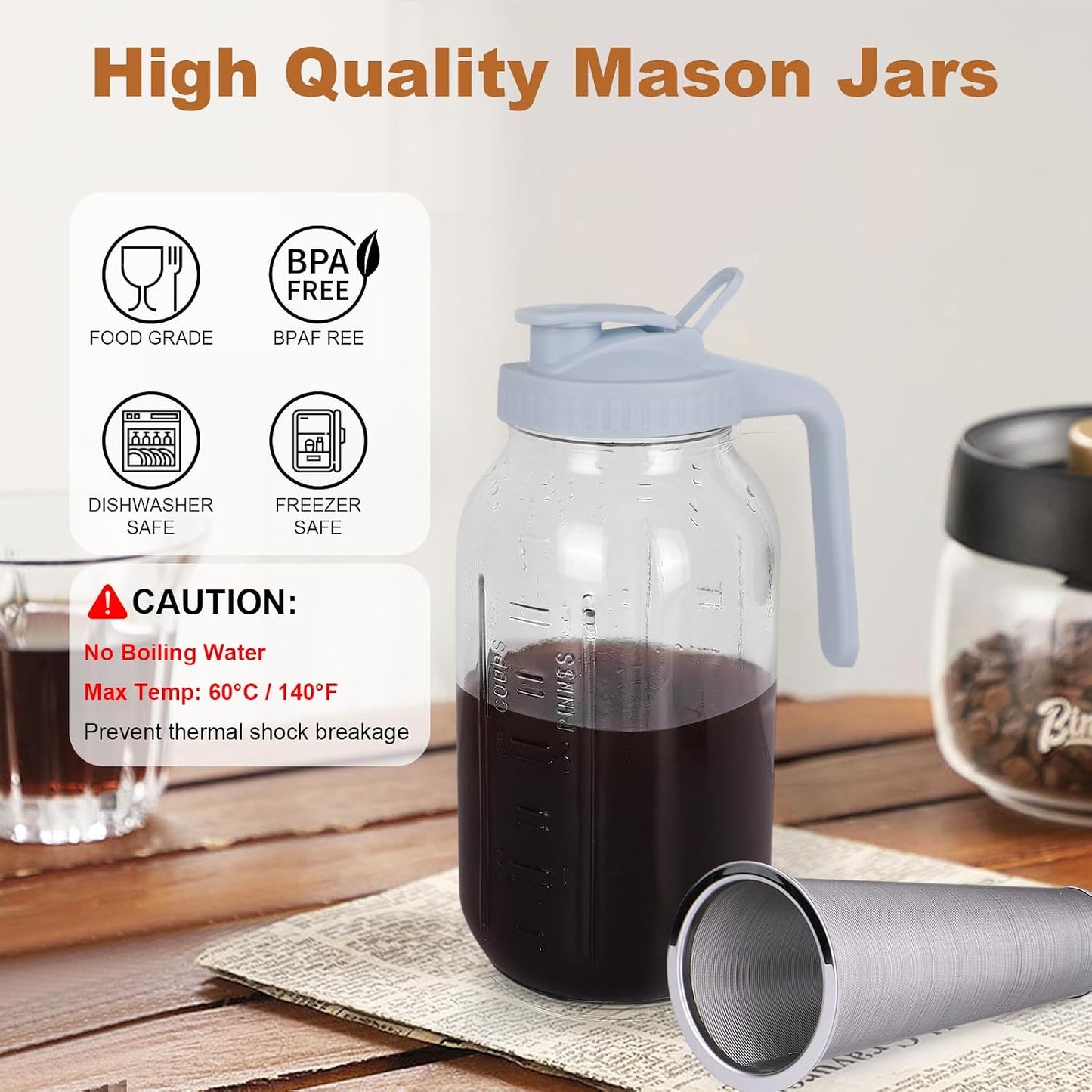 Cold Brew Coffee Maker,64 oz Mason Jar Pitcher with Stainless Steel Filter, Pour Spout Handle Lid, Heavy Duty Glass Airtight & Leak-Proof for Iced Coffee,Tea & Lemonade