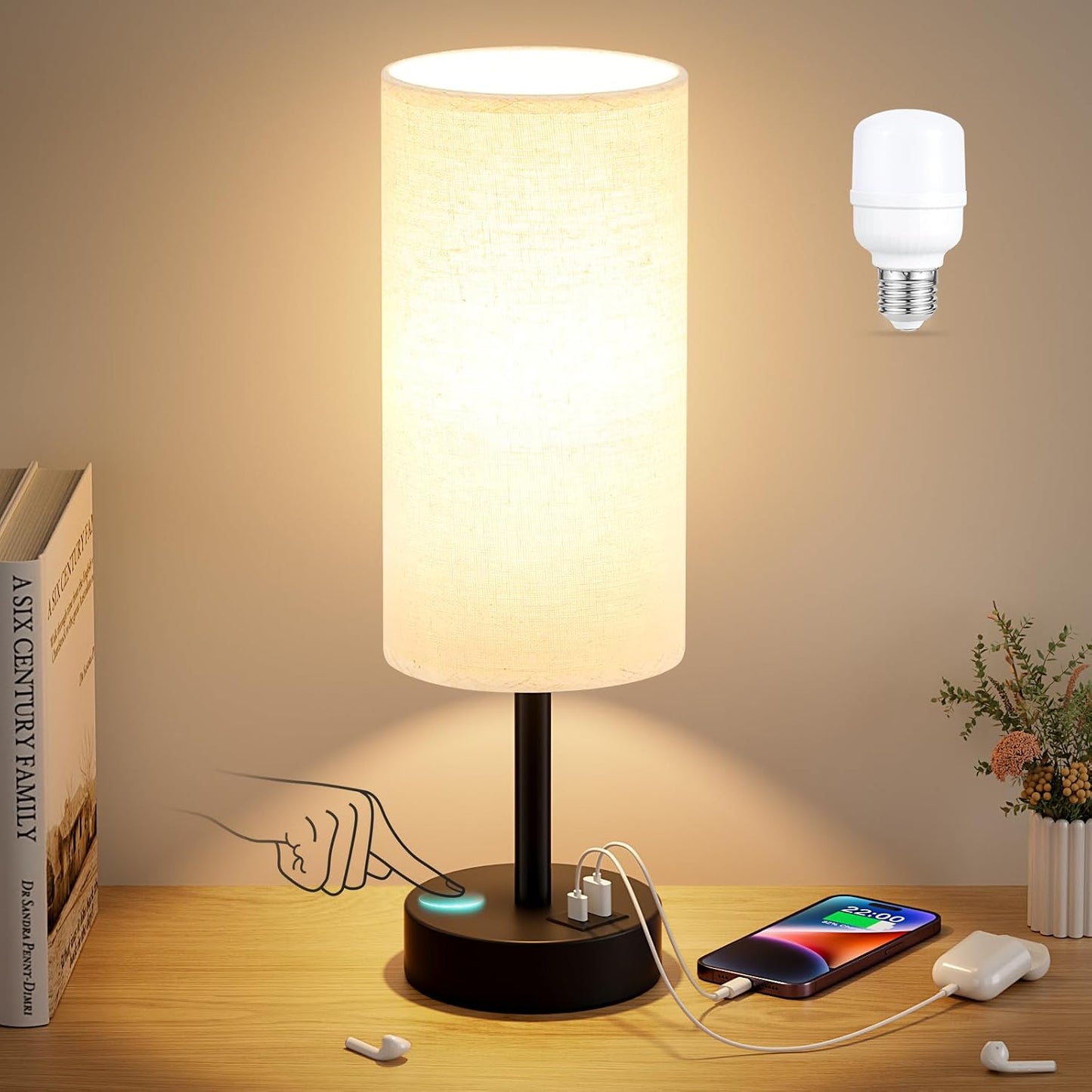 Dicoool Touch Bedside Table Lamp with USB - 3 Way Dimmable Wood Lamp for Bedroom Nightstand, Desk Lamp with Charging Station for Dorm, Living Room, Office, Kids Room, Small, 14in