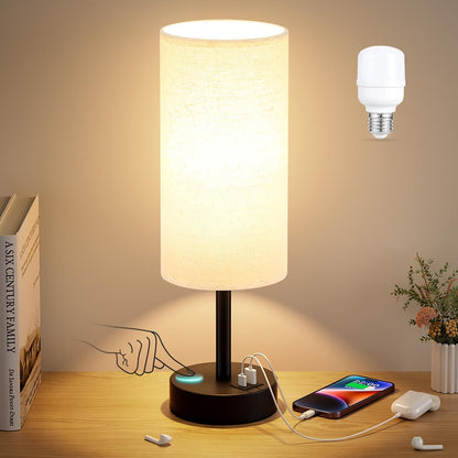 Dicoool Touch Bedside Table Lamp with USB - 3 Way Dimmable Wood Lamp for Bedroom Nightstand, Desk Lamp with Charging Station for Dorm, Living Room, Office, Kids Room, Small, 14in
