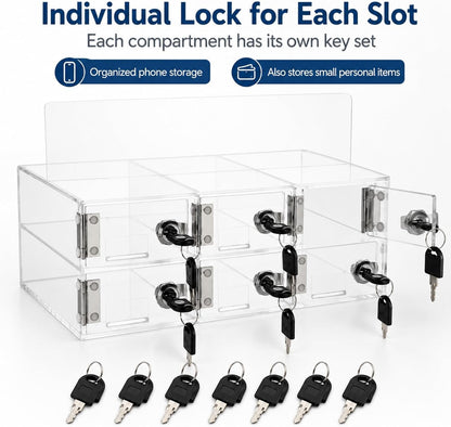 YOUNTHYE 6 Slot Cell Phone Locker, Clear Acrylic Phone Lock Box with Individual Keys, Wall Mounted Phone Storage Cabinet for Classroom, Office, Employees, Meetings and Small Teams