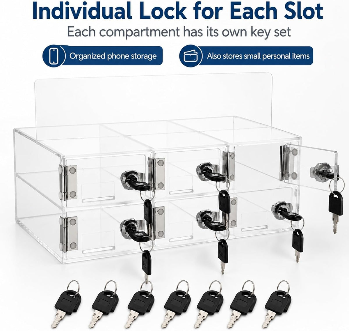 YOUNTHYE 6 Slot Cell Phone Locker, Clear Acrylic Phone Lock Box with Individual Keys, Wall Mounted Phone Storage Cabinet for Classroom, Office, Employees, Meetings and Small Teams