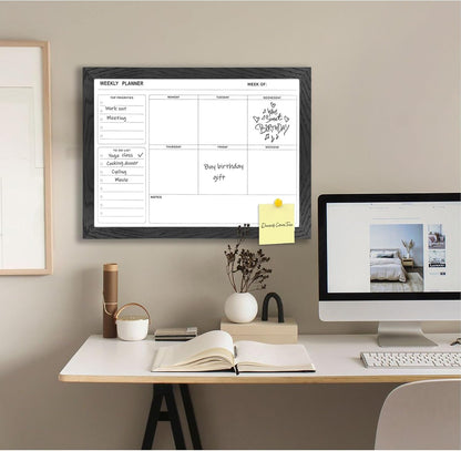 White Board Weekly Calendar Dry Erase Planner for Wall-16"X12",Black Solid Wood Frame,Minimal/Modern Design, Magnetic Whiteboard Planner for to Do List, Memo, School, Home, Office, Kitchen