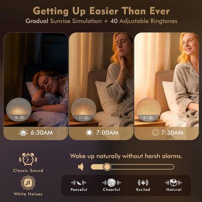 Tap-to-Snooze Sunrise Alarm Clock with Sound Machine, 36 Sounds White Noise Machine for Sleeping Adults, Gradual Sunrise Clock with Bluetooth Speaker & Remote Control, 15-Color Night Light丨Beige