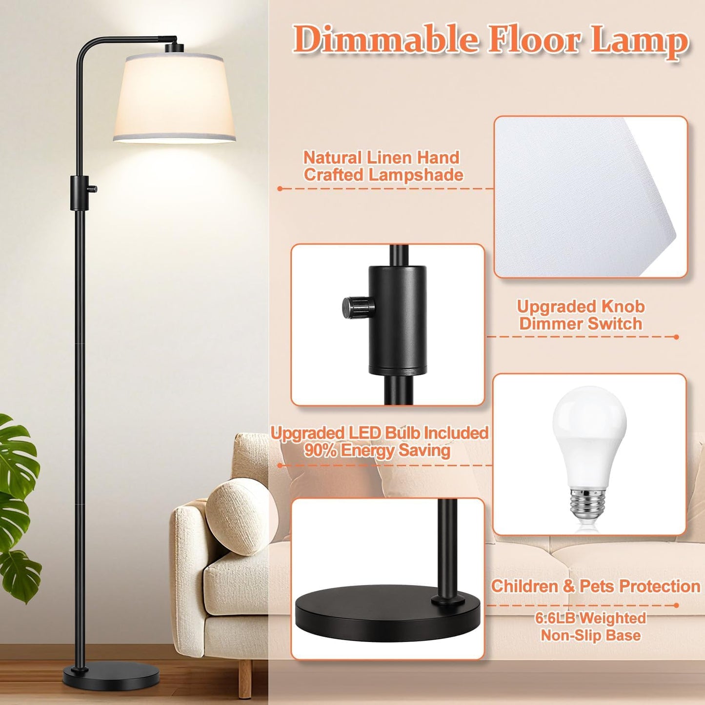 【Upgraded】 Dimmable Floor Lamp, 1000 Lumens LED Edison Bulb Included, Arc Floor Lamps for Living Room Modern Standing Lamp with Linen Shade, Tall Lamp for Bedroom Office Dining Room- Black