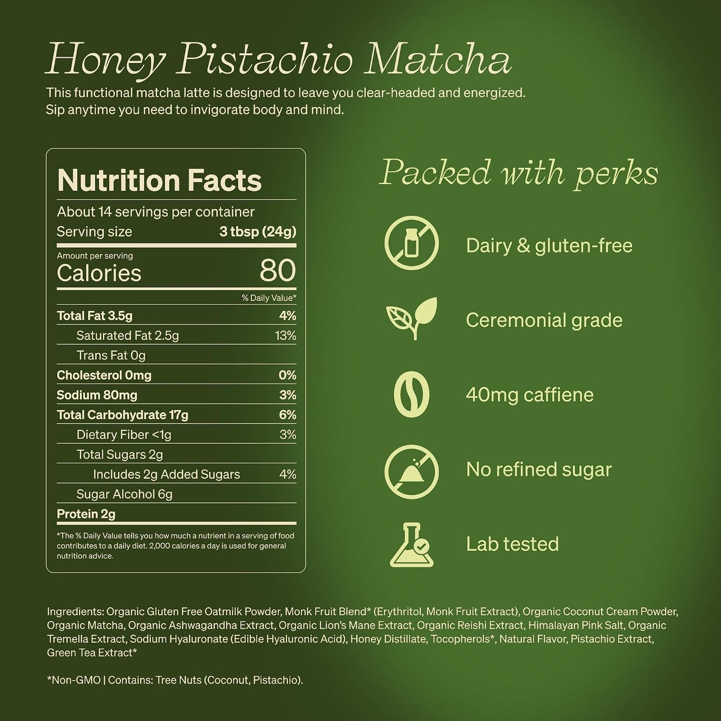 Clevr Pistachio Matcha SuperLatte, Organic Ceremonial Grade, Instant Superfood Powder Blend with Lions Mane, Reishi Mushroom, Coconut Cream, Ashwagandha, Serve Hot or Iced (14 Lattes)
