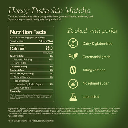 Clevr Pistachio Matcha SuperLatte, Organic Ceremonial Grade, Instant Superfood Powder Blend with Lions Mane, Reishi Mushroom, Coconut Cream, Ashwagandha, Serve Hot or Iced (14 Lattes)