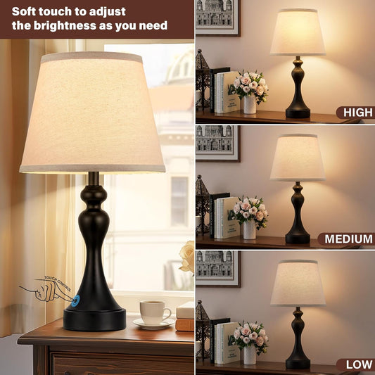 Touch Lamps for Nightstand, 3 Way Dimmable Bedside Lamps with USB C+A Ports