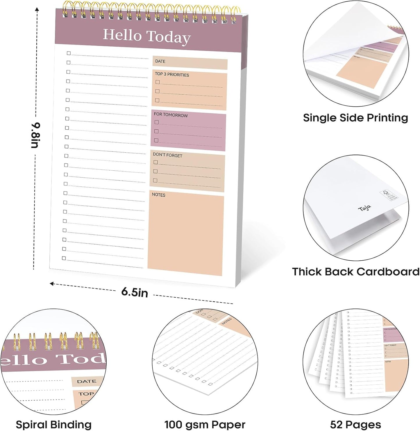 Taja To Do List Notepad - To Do List Notebook for Work with 52 Sheets, 9.8" x 6.5", Undated Daily Planner Perfect for Daily Tasks and Goal Setting, Notepad Suitable for Office, Home & School - Violet Dream