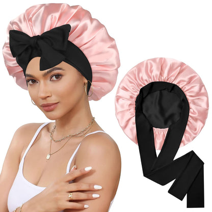 Satin Bonnet for Sleeping Cap Double Layer Hair Bonnet with Elastic Tie Band for Curly Hair Night Cap (Bean Paste + Pink)
