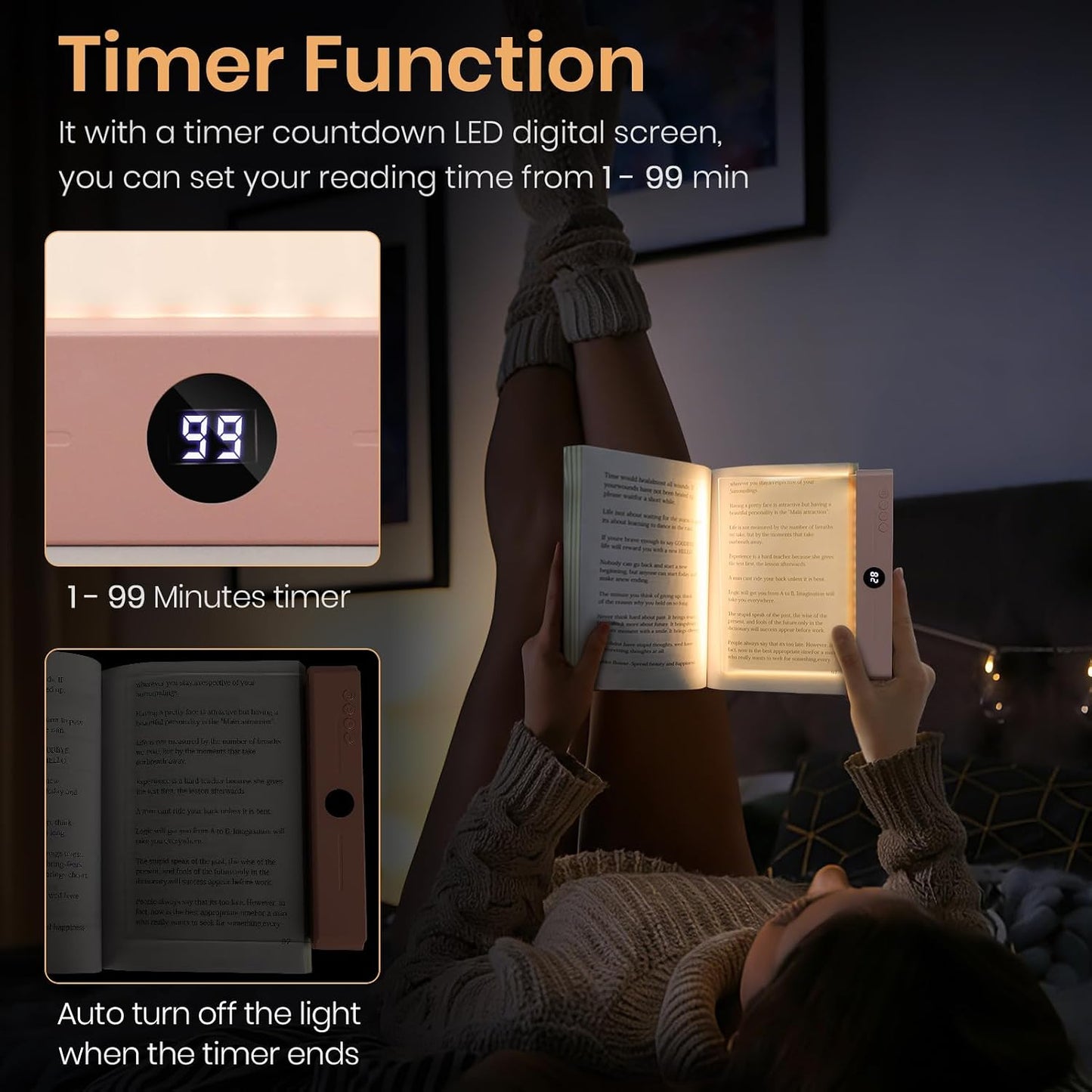 LED Book Light, 3 Color Temps & Stepless Dimming, Night Reading with Timer