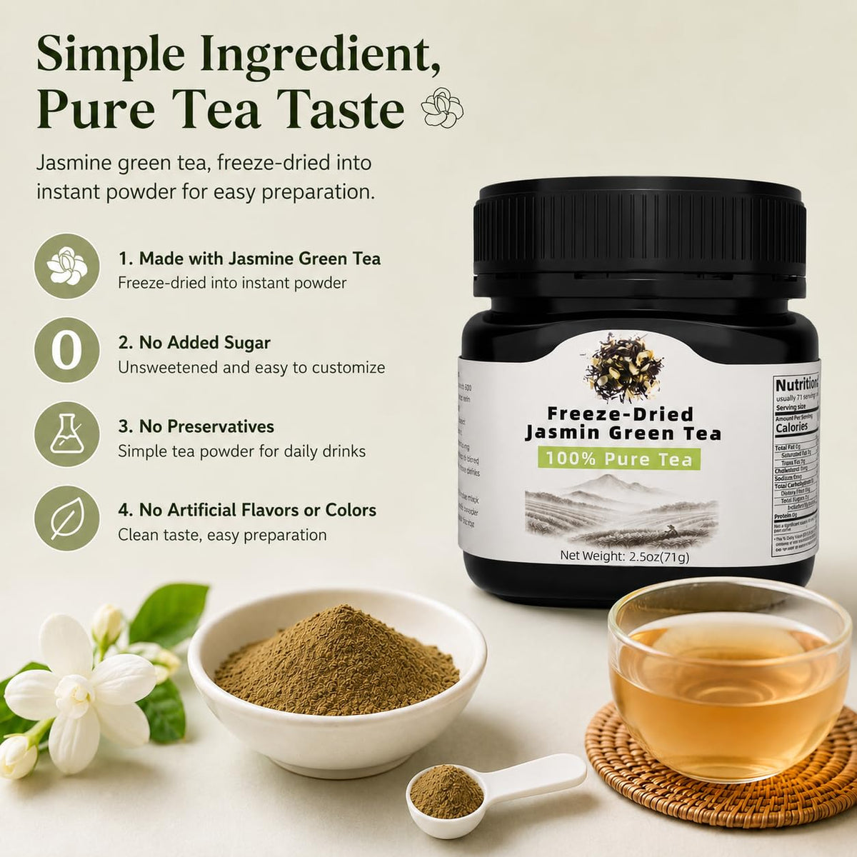 EAST NATURHUS Jasmine Tea Powder Instant Freeze-Dried, No Sugar 71Servings