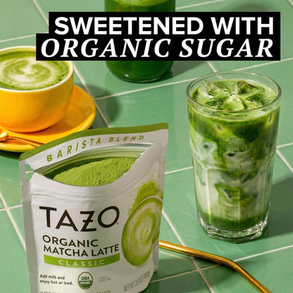 TAZO Organic Classic Matcha Latte Powder, Café Style Matcha Latte Mix, Easy Hot or Iced Matcha Latte, Sweetened with Organic Sugar and Matcha Powder, 10 Servings, 3.5 oz Pouch