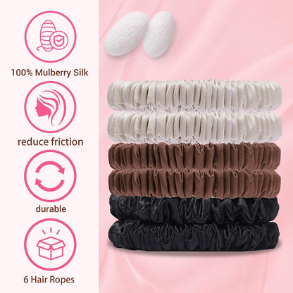 22 Momme 6PCS 100% Mulberry Silk Hair Ties Small Silk Scrunchies for Women Girls Curly Thick Thin Hair .Women's Black Cute Satin Sleepy Bulk Hair Tie Scrunchie Sleep