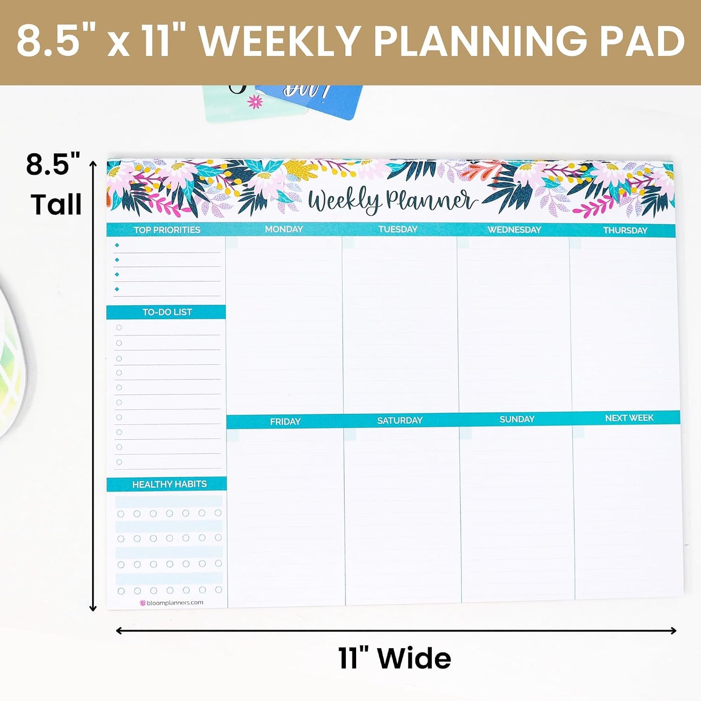 bloom daily planners Horizontal Weekly To Do List Notepad with 60 Undated Sheets - Weekly Desk Planner or Chore Pad with Priorities & Habit Tracker - 8.5” x 11” - Pastel