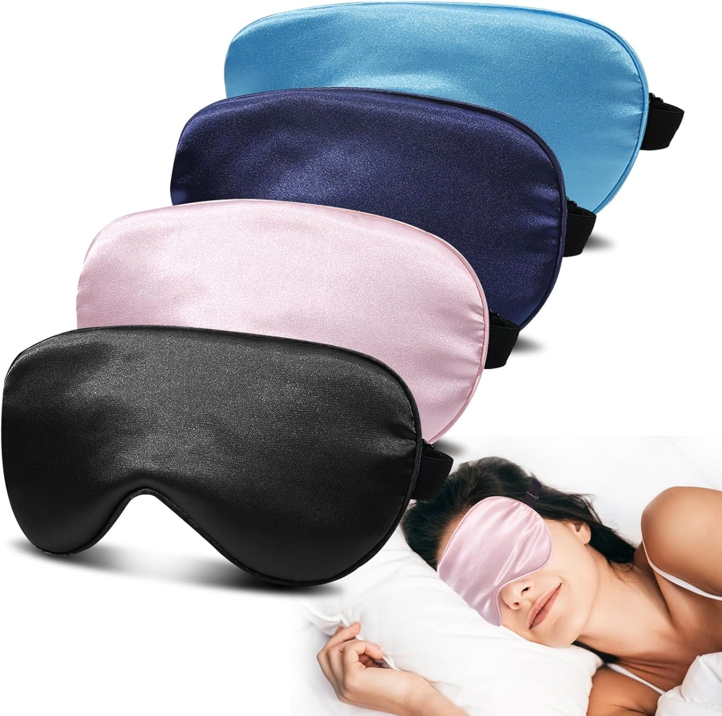 4 Pack Silk Sleep Mask - 100% Blackout, Zero Eye Pressure, Blindfold with Adjustable Strap, Super Soft Travel Eye Covers (Black, Pink, Blue, Purple)