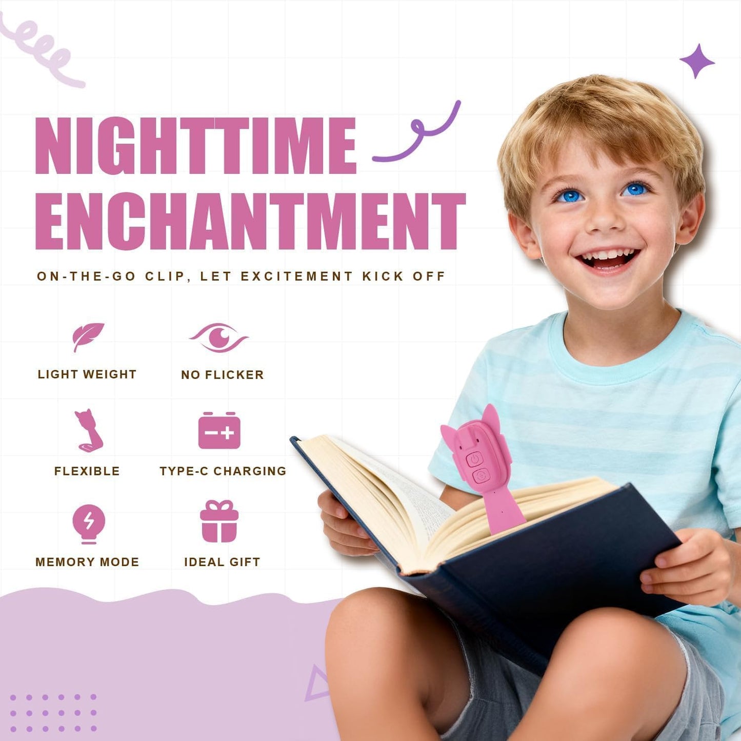 Rechargeable Kids Book Light, Cute Bookmark Reading Light for Kids, Dimmable Portable LED Book Light for Reading in Bed, Eye-Caring Bedtime Reading Lamp for Children & Travel, Black