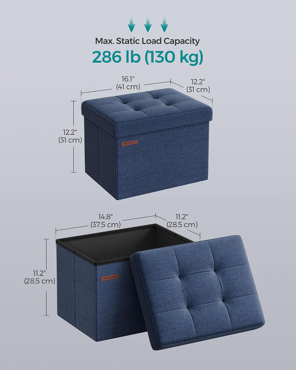 SONGMICS Mazie Collection - Small Folding Storage Ottoman, Foot Rest Stool, 12.2 x 16.1 x 12.2 Inches, 286 lb Load Capacity, for Living Room, Bedroom, Home Office, Dorm, Dark Gray ULSF102G01