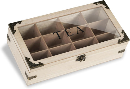 Tea Box,Wood Tea Organizer and Storage,12 Compartments Teas Bag Holder Organizer with Clear Window for Countertop Kitchen Cabinet Pantry (Smoky)