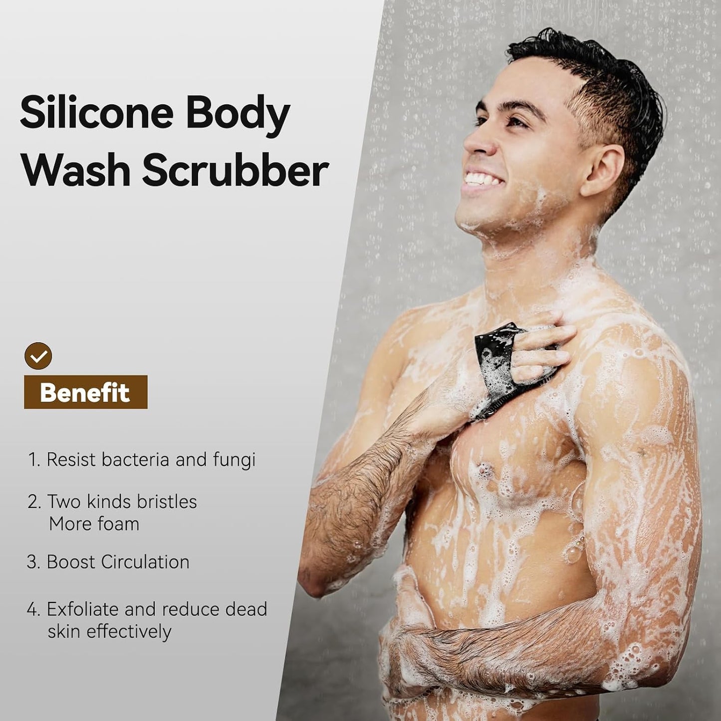 Zinc Infused Silicone Body Scrubber for Men, New Upgrade Deep Exfoliating Body Scrubber for Shower, Silicone Loofah Men for Sensitive Skin with Lathering Bristles and Ergonomic Non-Slip Handle (Gray)