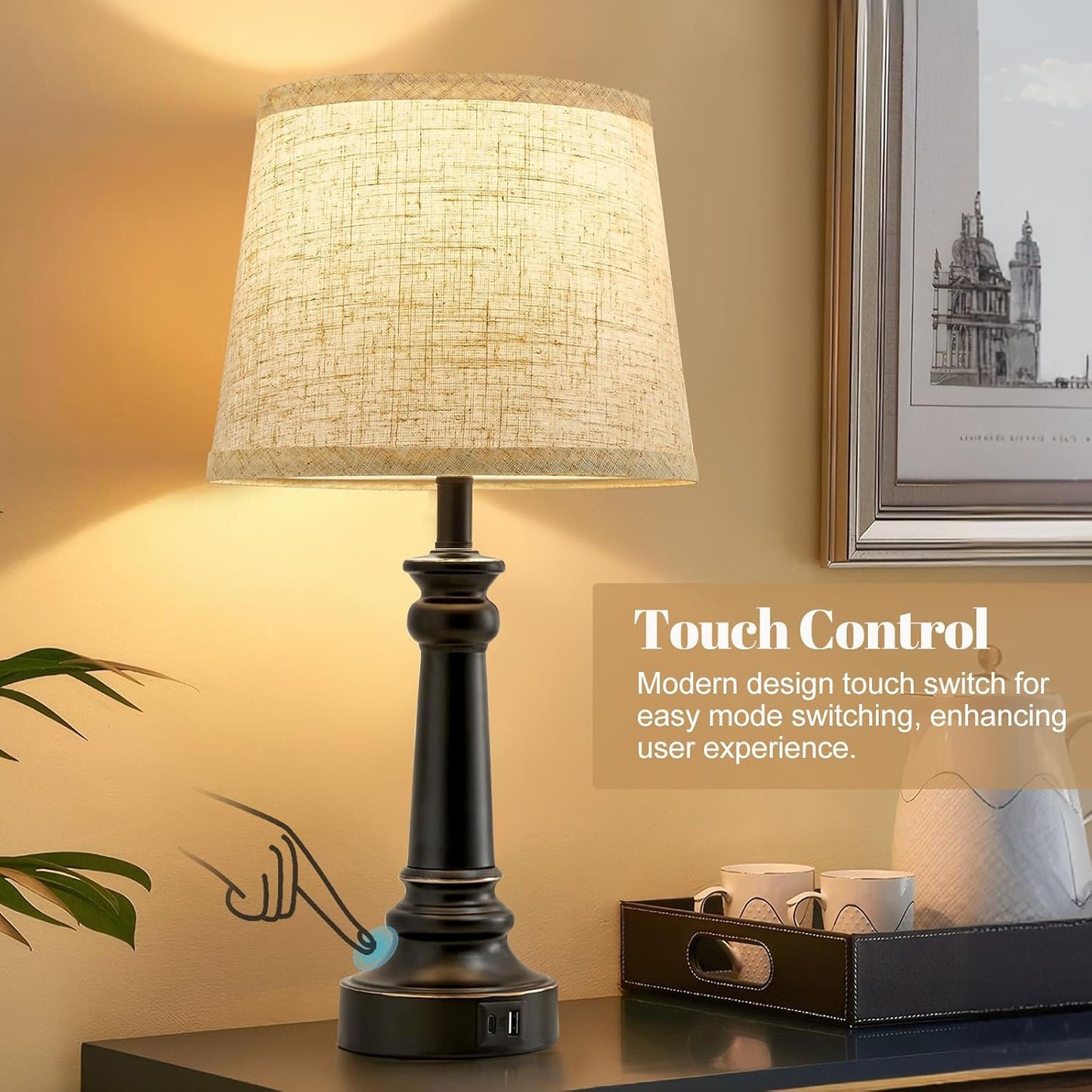 EJIAXIN Lamps for Bedrooms Set of 2, Brushed Nickel Bedside Lamps with USB C+A Ports,Dimmable Nightstand Lamps with Fabric Lampshade, Touch Table Lamp for Living Room Bedroom Office, Bulbs Included
