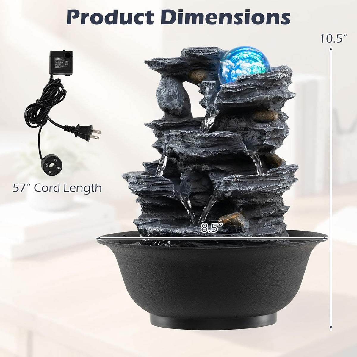 Giantex Tabletop Water Fountain with Warm LED Light, Tiered Rock Waterfall with Pump, Zen Meditation Desktop Decor for Office, Home Relaxation