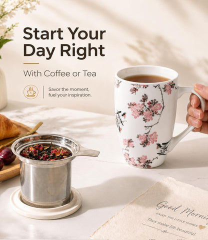 AmorArc 18oz Porcelain Tea Mug with Infuser & Lid, Loose Leaf Tea Cup with Stainless Steel Strainer, Large Coffee Mug Gift for Women, Tea Lovers, Home & Office