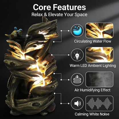 4-Tiered Tabletop Water Fountain 17.9-Inch Indoor Waterfall Feature with LED Lights Resin Relaxation Decor for Home，Office，Yard and Graden