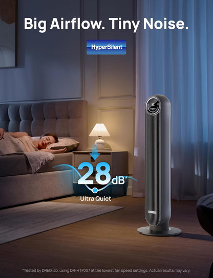 DREO Tower Fan for Bedroom, 2026 Upgraded DC Motor, 28ft/s High Velocity, 20dB Ultra Quiet Standing Fan, 8 Speeds 4 Modes, 90° Oscillating Bladeless Fan for Indoors, Floor Fans with Remote, Black