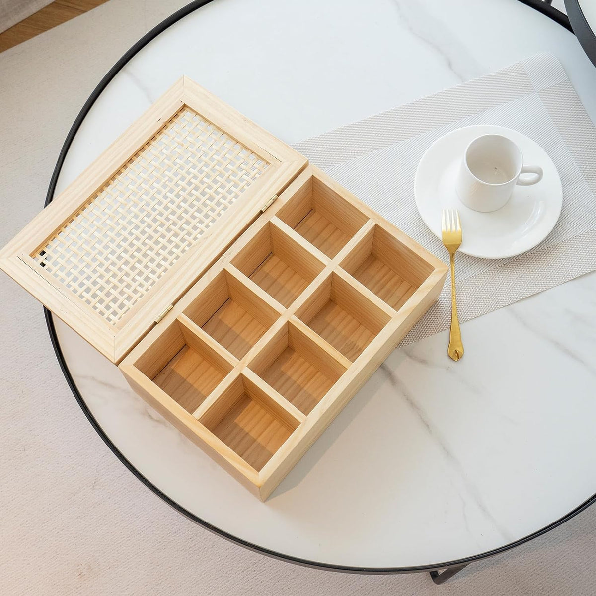 JJSQ Wooden Tea Bag Organizer Box with Lid, 8 Compartment Tea Storage Chest, Tea Caddy Holder Organizer for Countertop, Tea Station and Tea Accessories (Natural)