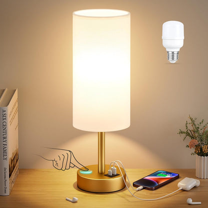Dicoool Touch Bedside Table Lamp with USB - 3 Way Dimmable Wood Lamp for Bedroom Nightstand, Desk Lamp with Charging Station for Dorm, Living Room, Office, Kids Room, Small, 14in