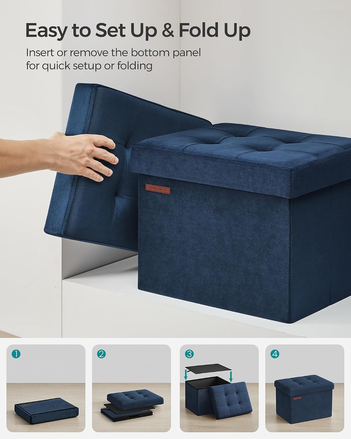 SONGMICS Small Folding Storage Ottoman, Foot Rest Stool, Cube Footrest, Synthetic Leather, 12.2 x 16.1 x 12.2 Inches, 286 lb Capacity, for Living Room, Bedroom, Dorm, Ink Black ULSF100B01